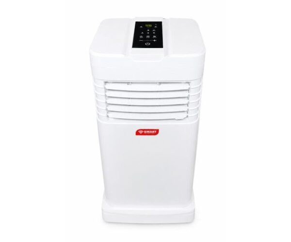 White portable air cooler with a black top control panel and horizontal front vents.