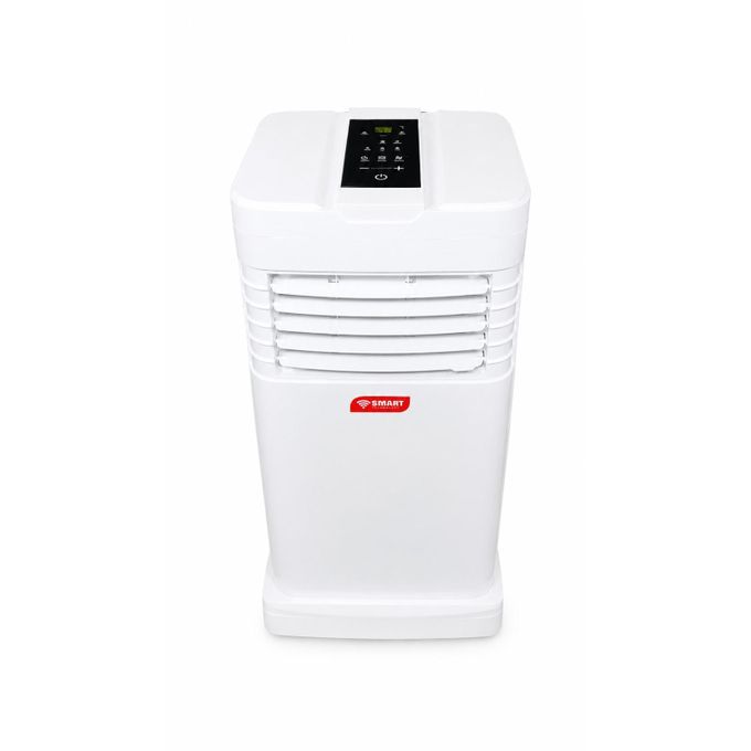1 (14) White portable air cooler with a black top control panel and horizontal front vents.