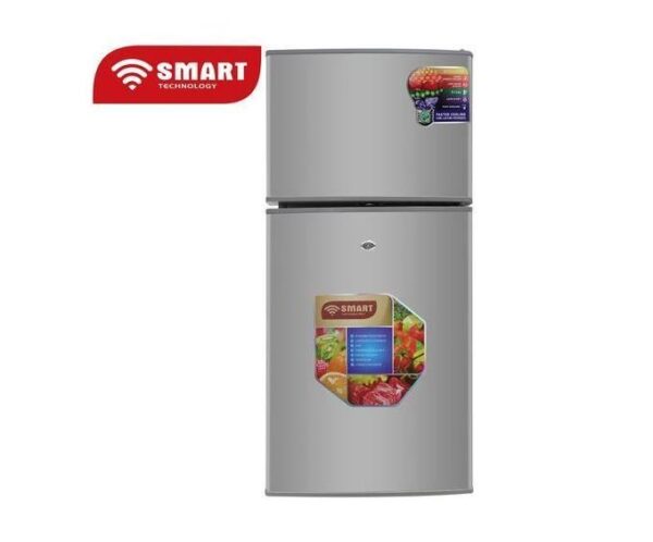 Silver two‑door refrigerator with SMART technology stickers on the top left and a label on the lower door.