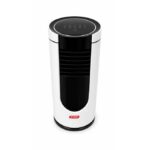 White tower fan with a black central vent, rounded top control panel, and a red brand logo at the base.