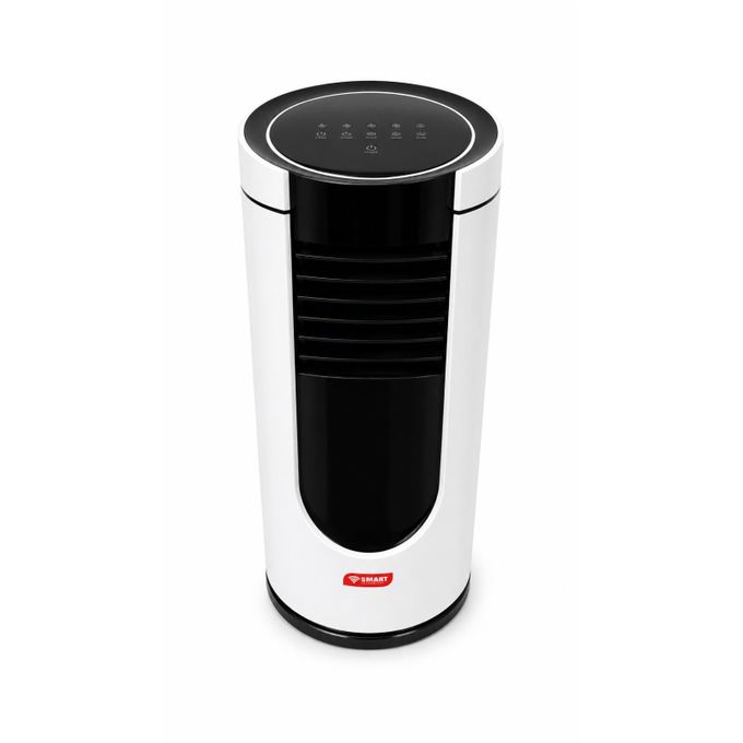 1 (15) White tower fan with a black central vent, rounded top control panel, and a red brand logo at the base.