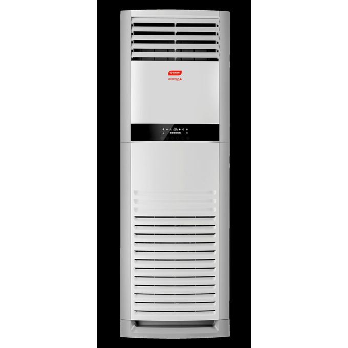1 (16) Tall white floor-standing air conditioner with upper and lower vent grilles and a black control panel in the middle.
