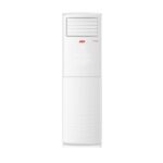 White freestanding tower air conditioner with a grille at the top and a control panel in the middle, standing on a plain background.