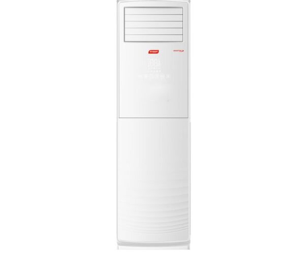 White freestanding tower air conditioner with a grille at the top and a control panel in the middle, standing on a plain background.