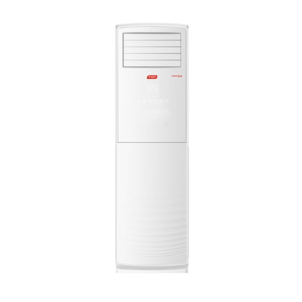 White freestanding tower air conditioner with a grille at the top and a control panel in the middle, standing on a plain background.