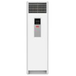 Floor-standing tower air conditioner with vented top and control panel centered on the front panel.