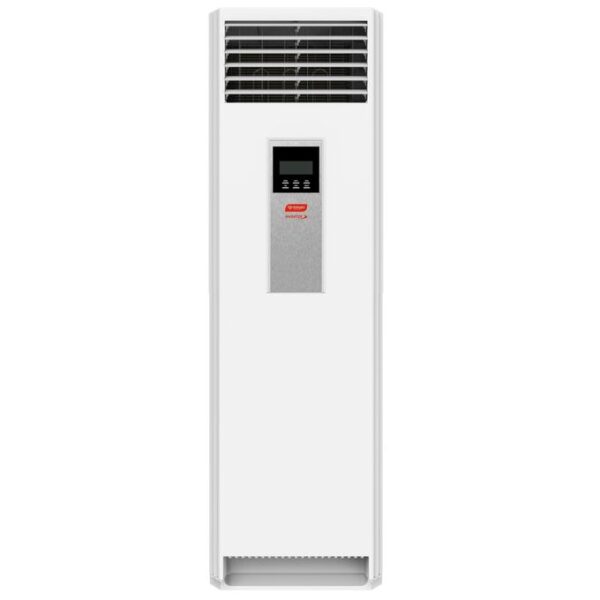 Floor-standing tower air conditioner with vented top and control panel centered on the front panel.