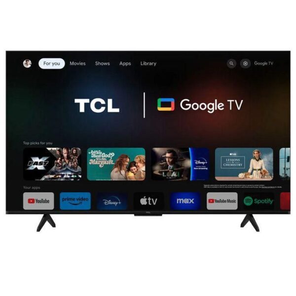 TCL TV displaying Google TV home screen with app row and logos on a dark background inside a living room setup