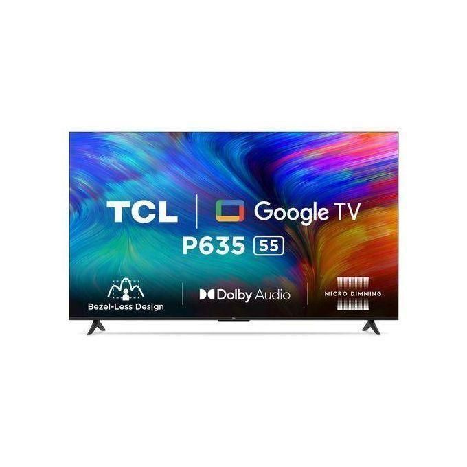 1 (2) 55-inch TCL Google TV P635 on a stand with a vibrant, abstract screen; Dolby Audio branding visible.