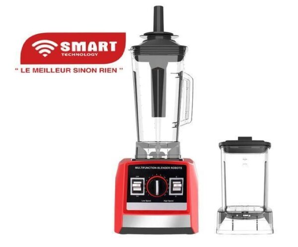 Red multifunction blender with tall transparent jar attached to a red base, plus a separate blending cup on the side, brand label 'SMART Technology' visible.