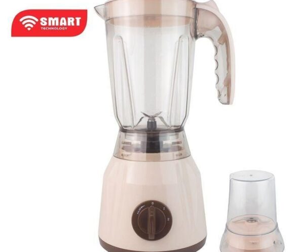 Pink blender with glass jar and separate mini cup for grinding or milling (Smart Technology).
