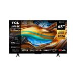 65-inch TCL P755 UHD 4K smart TV on a stand, vibrant colorful screen with logos for Netflix, Disney+, YouTube, and Google TV