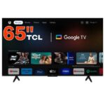 65-inch TCL Google TV displaying a streaming app carousel on a dark home screen