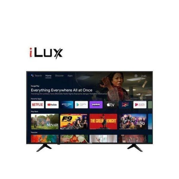iLux logo above a large smart TV displaying a home screen with streaming apps (Netflix, YouTube, Prime Video, etc.).