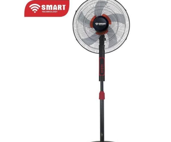 Smart brand pedestal floor fan with circular grille, tall adjustable stand, and red-accent motor housing for home cooling.