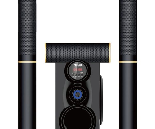 Home theater speaker set: two tall floor speakers flank a black center unit with a circular display and blue dial.