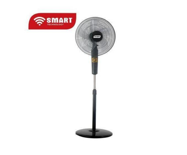 Pedestal floor fan with a circular metal grille and tall adjustable stand, black base, logo reading 'SMART Technology' in the top left corner.