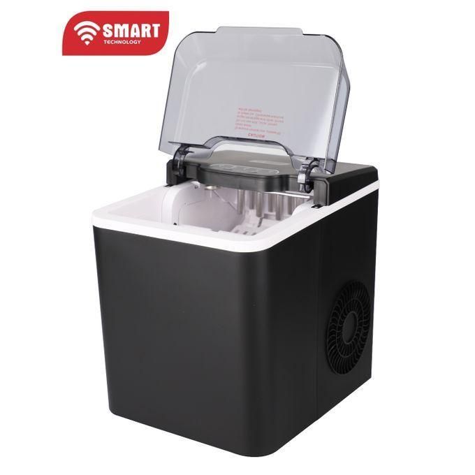 1 (3) Countertop ice maker with transparent lid open, white interior, black housing, branded Smart Technology logo in corner.