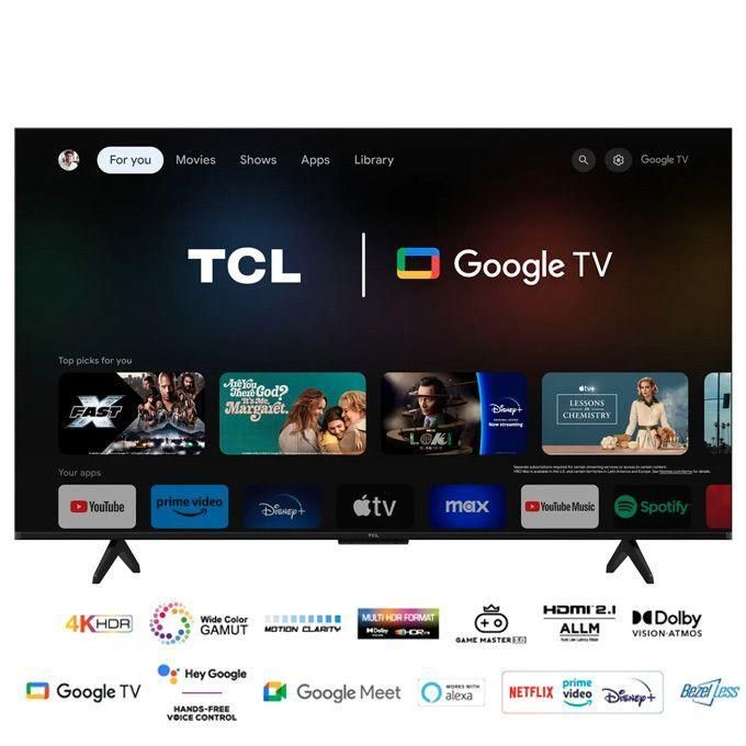 1 (3) TCL smart TV displaying Google TV interface with app icons and logos on screen