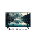 iLux flat-screen TV on a white background displaying a mountain lake landscape with reflections, stand legs visible and logos beneath.