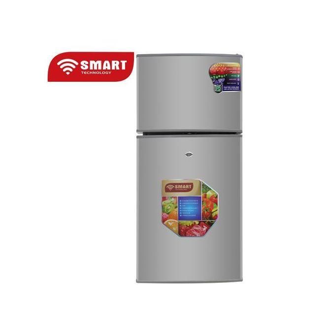 1 (3) Silver two-door fridge with Smart Technology label on the top left and colorful stickers on the lower door area.