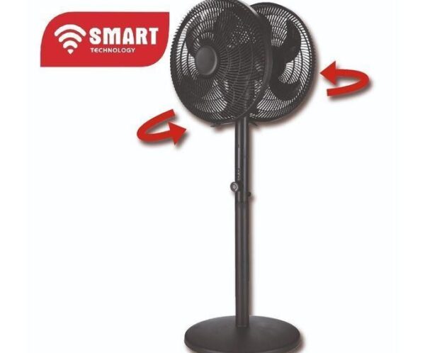 Standing pedestal fan with two rotating heads on an adjustable tall stand and round base, illustrating dual airflow heads.