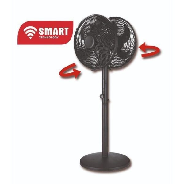 Standing pedestal fan with two rotating heads on an adjustable tall stand and round base, illustrating dual airflow heads.
