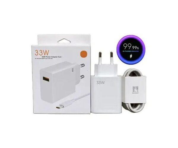 White 33W USB-C power adapter kit with wall plug, USB-C cable, and wireless charger showing 99.9% efficiency.