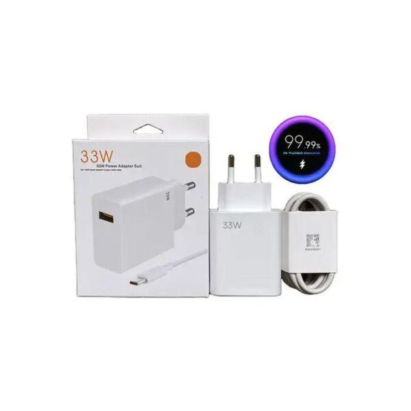 White 33W USB-C power adapter kit with wall plug, USB-C cable, and wireless charger showing 99.9% efficiency.