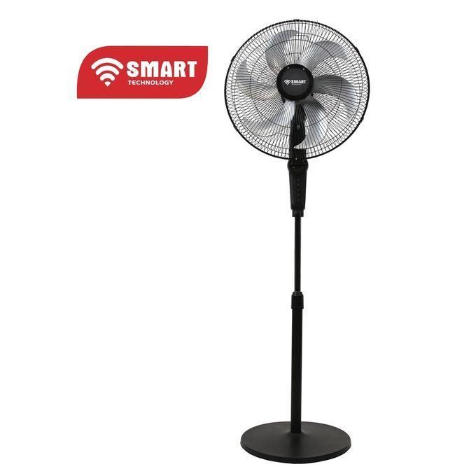 1 (34) Black pedestal fan on a stand with a circular grille and protective grill, displaying the SMART Technology logo nearby.