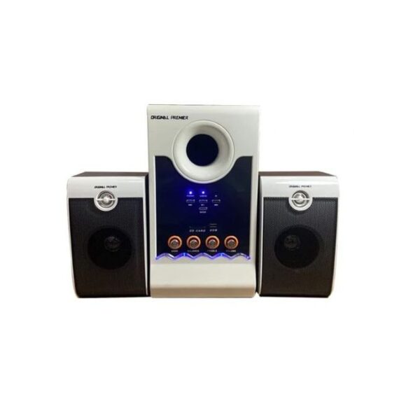Three-piece stereo speaker system with a central subwoofer and two satellite speakers, white and black with blue control lights in the middle.