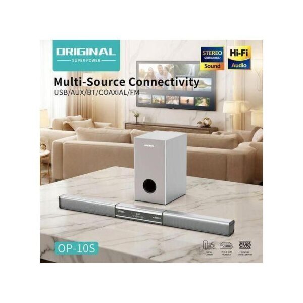 Multi-source home theater system setup: a soundbar and a subwoofer on a marble table in a living room, with the text 'Multi-Source Connectivity' and 'OP-10S' visible.