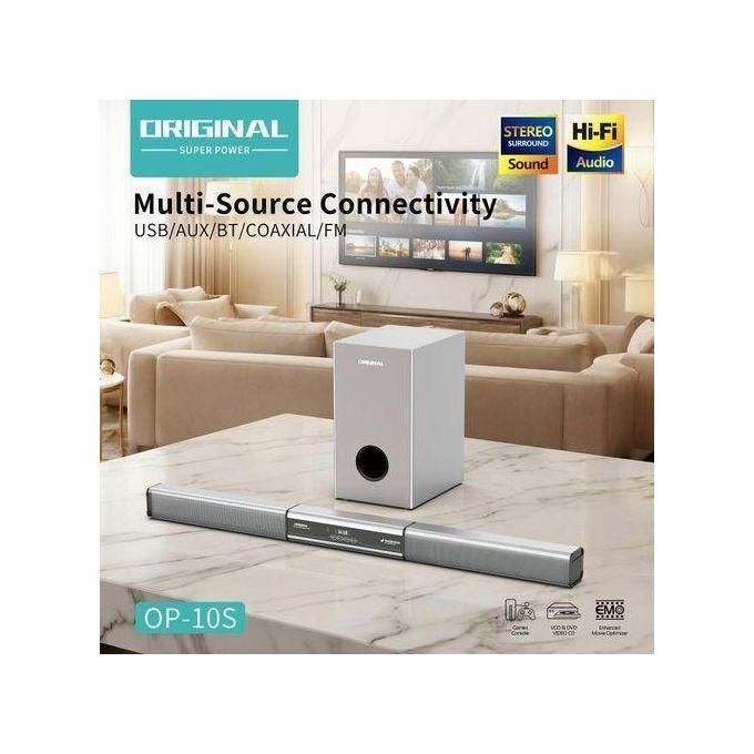 1 (38) Multi-source home theater system setup: a soundbar and a subwoofer on a marble table in a living room, with the text 'Multi-Source Connectivity' and 'OP-10S' visible.