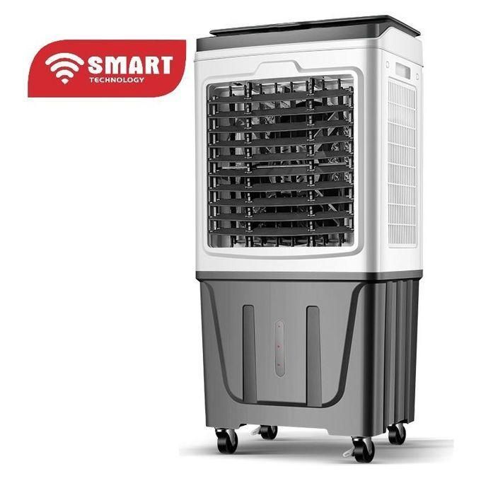1 (4) Portable evaporative air cooler on caster wheels with a front grille and a water-filled lower tank, labeled SMART Technology