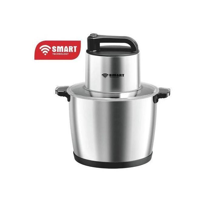 1 (4) Stainless steel stand mixer with a large bowl and black handle, branded SMART Technology on the top unit.