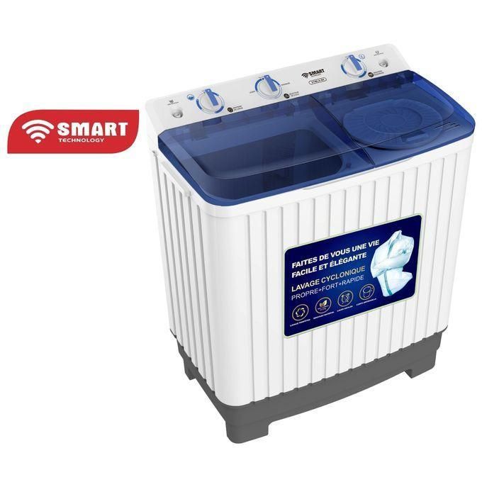 1 Top-loading washing machine with a blue lid and a 'Smart Technology' badge on the side panel.