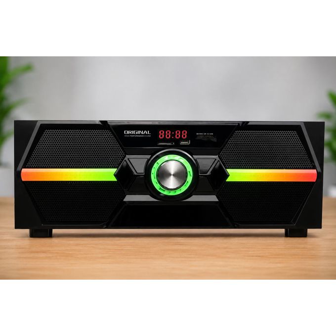 1 (40) Black rectangular speaker/stereo with a central green LED dial and rainbow horizontal light strips on each side, placed on a wooden surface.