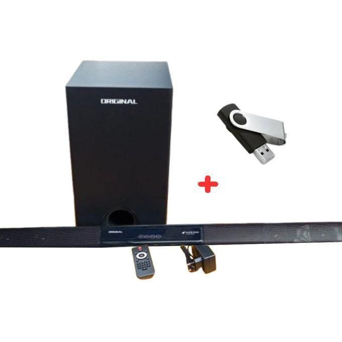 1 (44) Bundle image of a black soundbar system with a tall subwoofer, remote control, and a USB drive accessory.