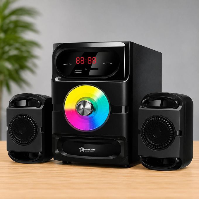 1 (45) Black multi-piece home stereo system with a rainbow-colored CD on the front disc and two satellite speakers on either side, placed on a wooden surface.