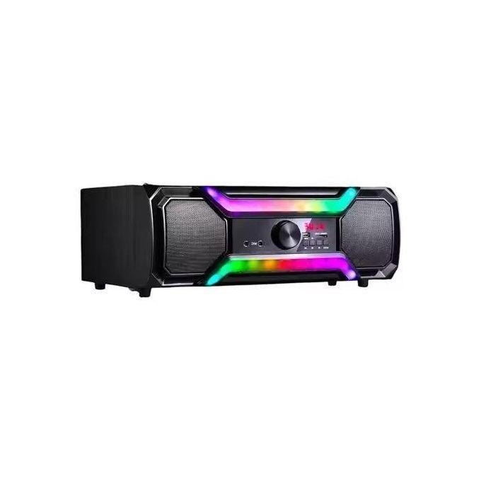 1 (46) Black portable speaker with RGB LED lights around the front panel and a central control knob.