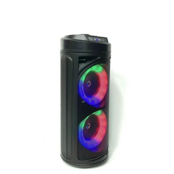 Tower Bluetooth speaker with two front RGB LED-lit fans and a black chassis.