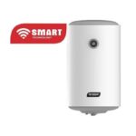 White vertical electric water heater with a round front thermostat and a red SMART TECHNOLOGY banner.