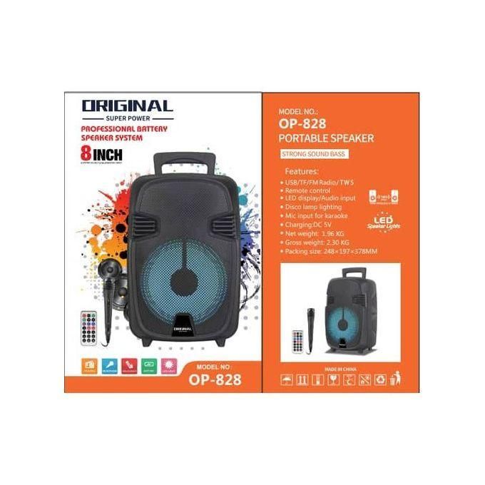 1 (51) Packaging box for an 8-inch portable speaker (OP-828) showing a black speaker with a blue grille, remote, and orange feature panel with product info.