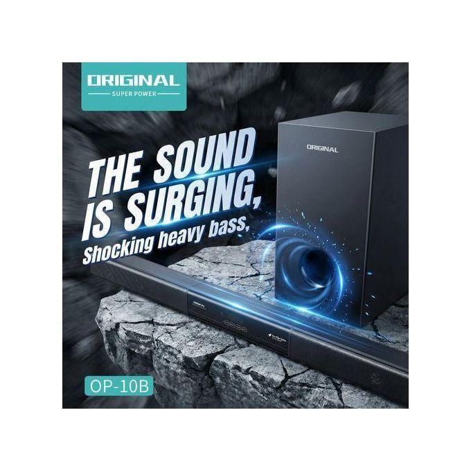1 (53) Original brand audio promo showing a soundbar and subwoofer on a rocky platform with the slogan 'The sound is surging, shocking heavy bass' (OP-10B).