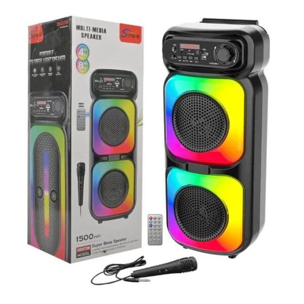 Twin portable Bluetooth speaker with rainbow LED panels, box packaging, remote control, and car power adapter included.