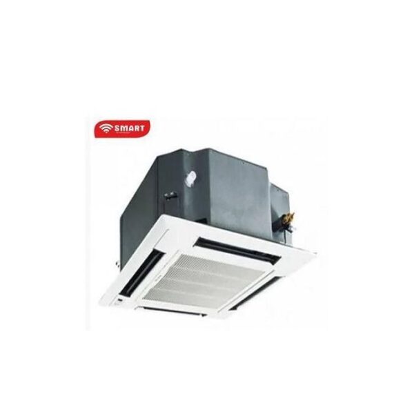 Ceiling-mounted cassette air conditioner with a white grille and gray metal housing, branded SMART in the corner.