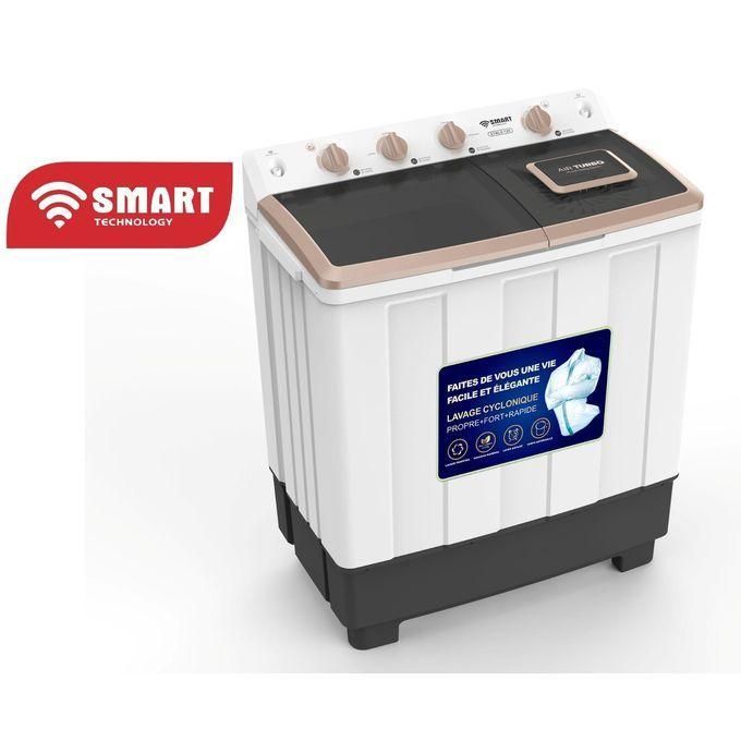 1 (6) Top-loading washing machine with a white body and beige trim, control panel on top, and a front blue label sticker visible. The Smart Technology logo sits to the left.