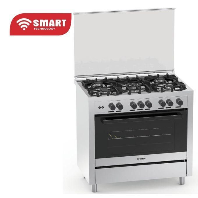 1 (7) Six-burner gas range with a front oven and open lid; stainless steel, Smart Technology branding.
