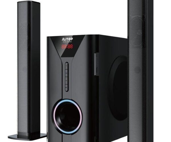 Black 2.1 speaker system with a glossy subwoofer and two tall satellite speakers; features an LED display on the front of the subwoofer.