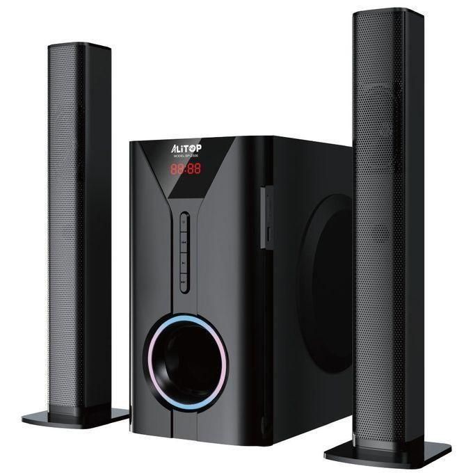 1 (7) Black 2.1 speaker system with a glossy subwoofer and two tall satellite speakers; features an LED display on the front of the subwoofer.